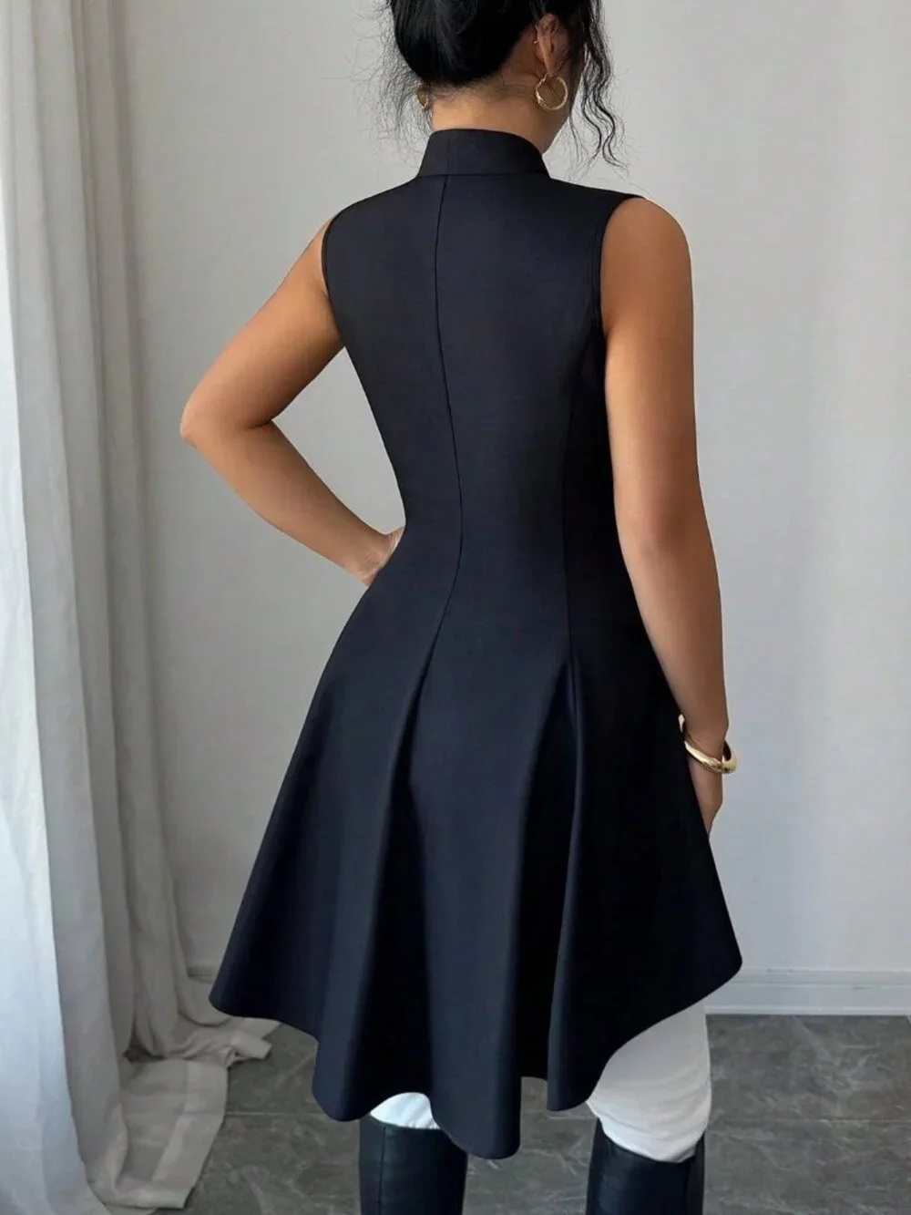 Black V-Neck Sleeveless Women's Cinched Waist Asymmetric Flared Hem Jacket